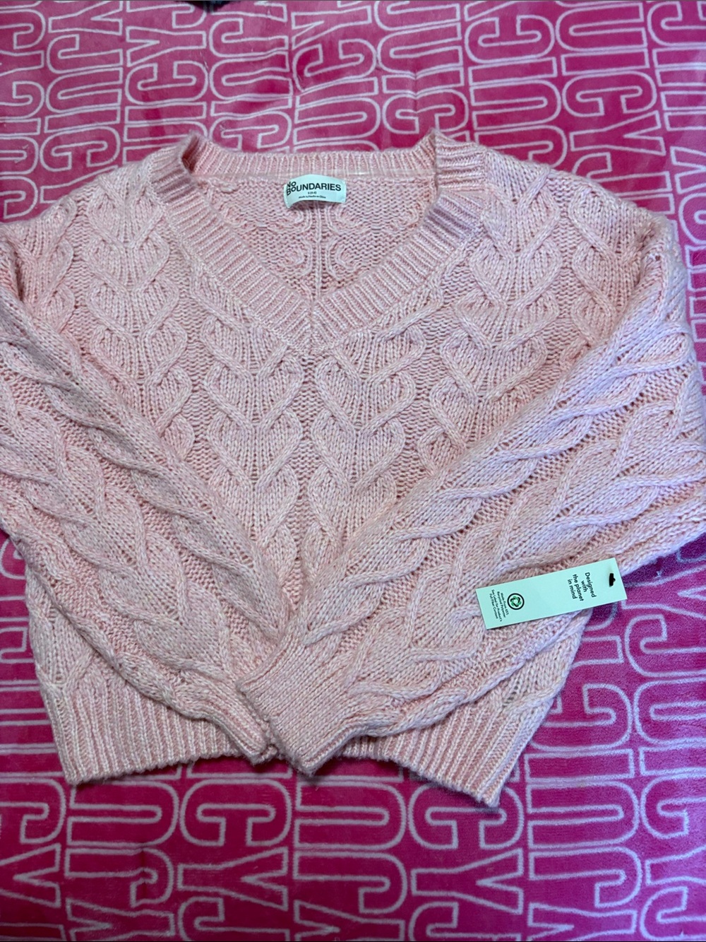 No Boundaries Pink Cable Knit V-Neck Pullover